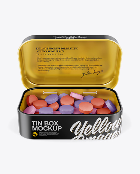 Opened Matte Tin Box With Candies Mockup - Front View (High-Angle Shot)