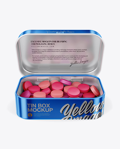 Opened Metallic Tin Box With Candies Mockup - Front View (High-Angle Shot)