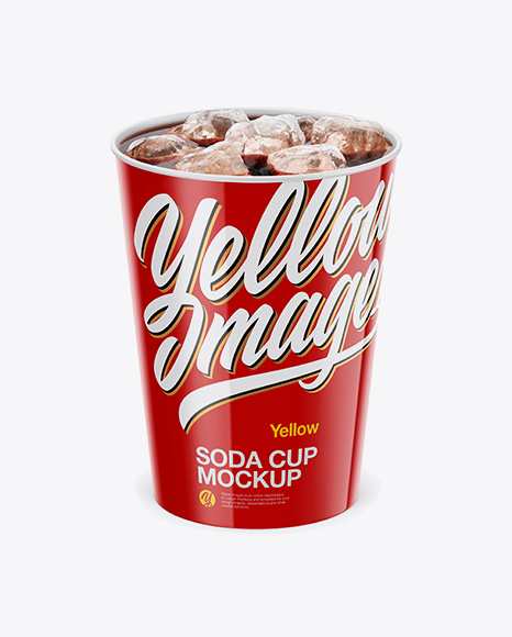 Glossy Soda Cup With Ice Mockup - Front View (High-Angle Shot)