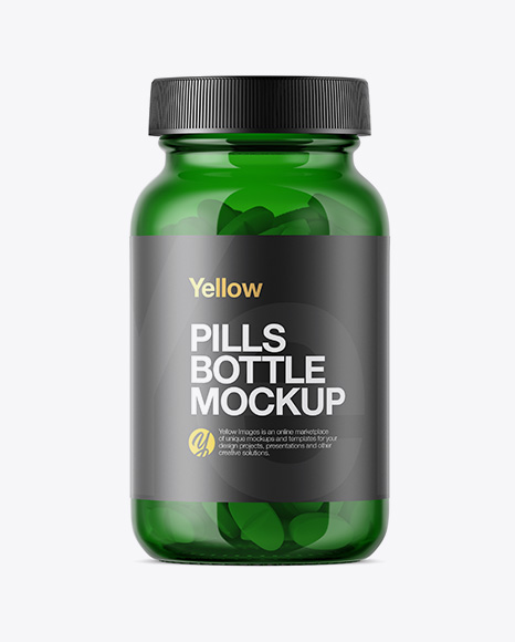 Green Glass Bottle With Pills Mockup