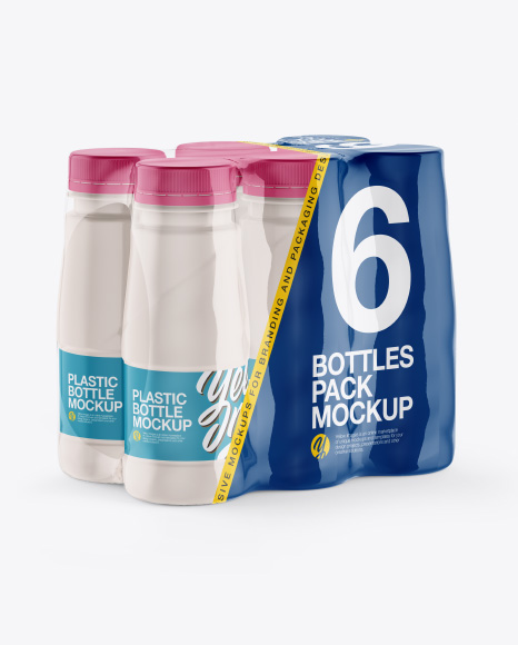 Transparent Shrink Pack with 6 Plastic Bottles Mockup - Half Side View