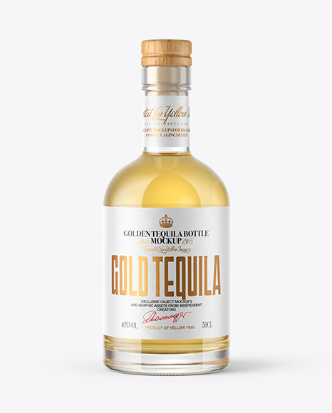 Golden Tequila Bottle with Wooden Cap Mockup