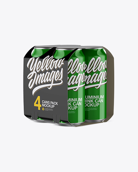 Carton Carrier W/ 4 Glossy Cans Mockup - Half Side View