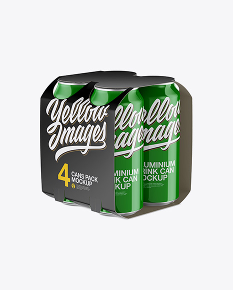 Carton Carrier W/ 4 Glossy Cans Mockup - Half Side View (High-Angle Shot)