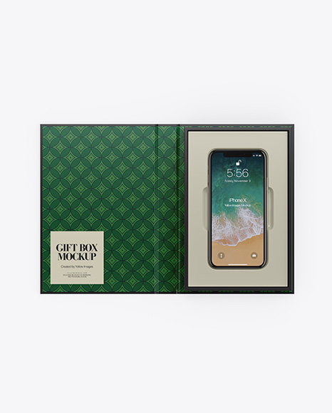 Glossy Gift Box With Apple iPhone X Mockup - Top View