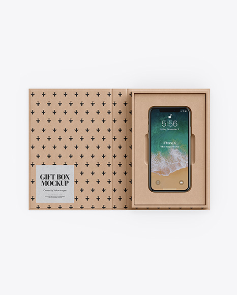 Kraft Gift Box With Apple iPhone X Mockup - Top View