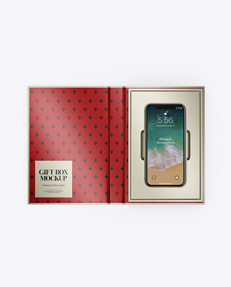 Metallic Gift Box With Apple iPhone X Mockup - Top View