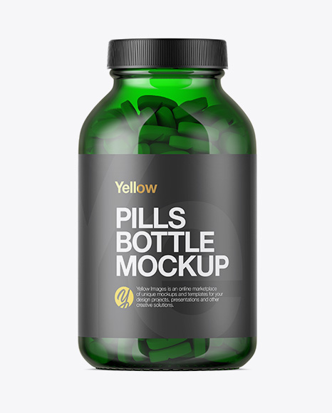 Green Glass Bottle With Pills Mockup
