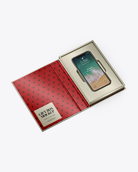 Metallic Gift Box With Apple iPhone X Mockup - Half Side View