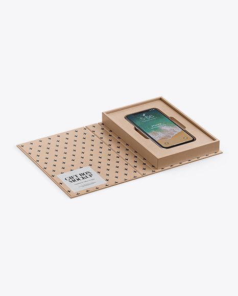 Kraft Gift Box With Apple iPhone X Mockup - Half Side View