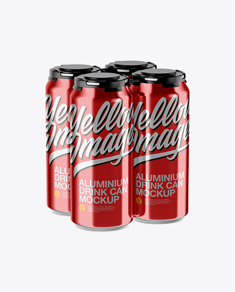 Pack with 4 Metallic Cans with Plastic Holder Mockup - Half Side View (High-Angle Shot)