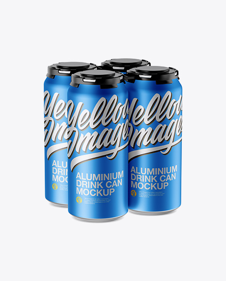 Pack with 4 Matte Metallic Cans with Plastic Holder Mockup - Half Side View (High-Angle Shot)