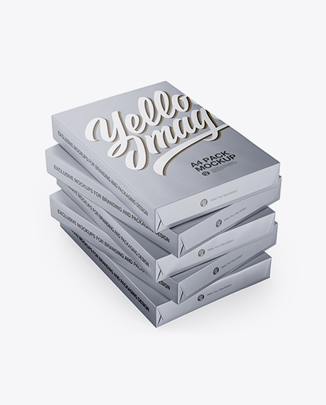 5 Matte Metallic A4 Size Paper Sheet Packs Mockup - Half Side View