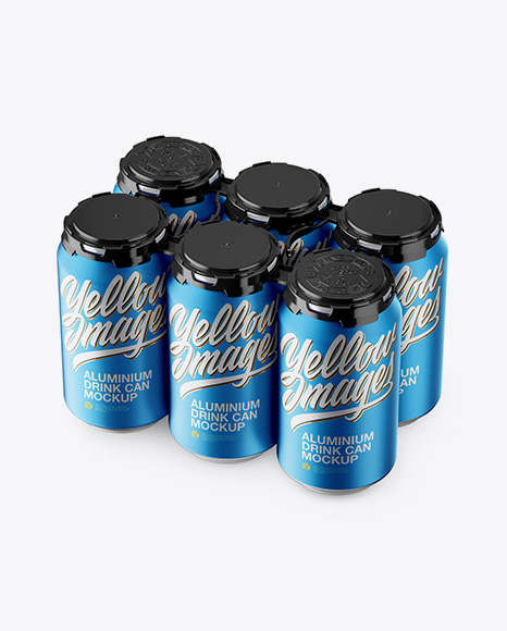 Pack with 6 Matte Metallic Aluminium Cans with Plastic Holder Mockup
