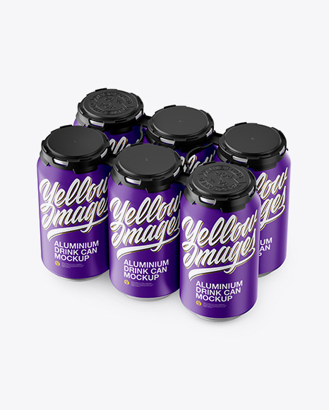 Pack with 6 Matte Aluminium Cans with Plastic Holder Mockup