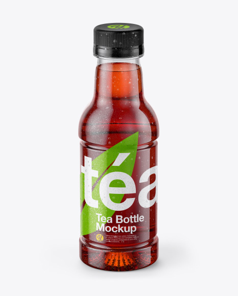 Tea Bottle with Condensation in Shrink Sleeve Mockup - Front View (High Angle Shot)