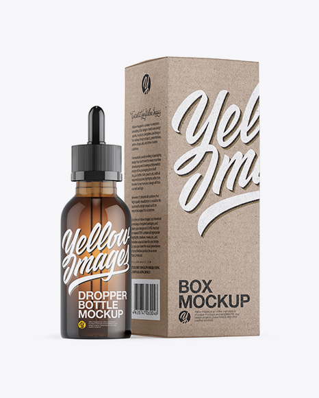 Amber Dropper Bottle W/ Kraft Paper Box Mockup