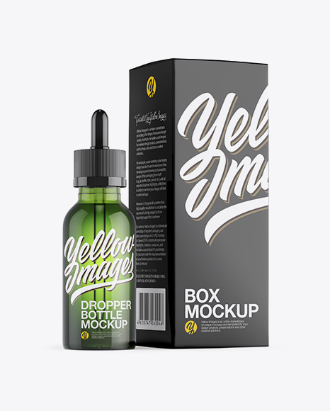 Green Glass Dropper Bottle W/ Glossy Paper Box Mockup