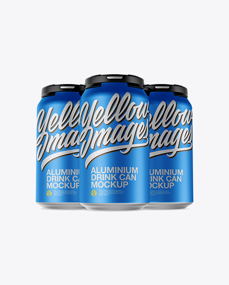Pack with 3 Matte Metallic Cans with Plastic Holder Mockup - Front View