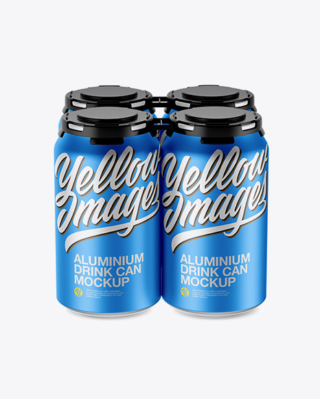 Pack of 4 Matte Metallic Cans with Plastic Holder Mockup - Front View (High Angle Shot)