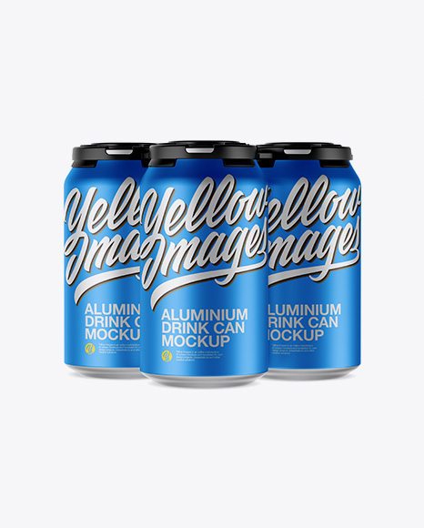 Pack of 3 Matte Metallic Cans with Plastic Holder Mockup - Front View