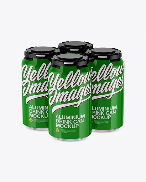 Pack of 4 Glossy Cans with Plastic Holder Mockup - Half Side View