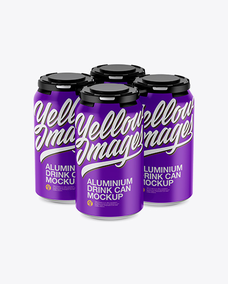 Pack of 4 Matte Cans with Plastic Holder Mockup - Half Side View