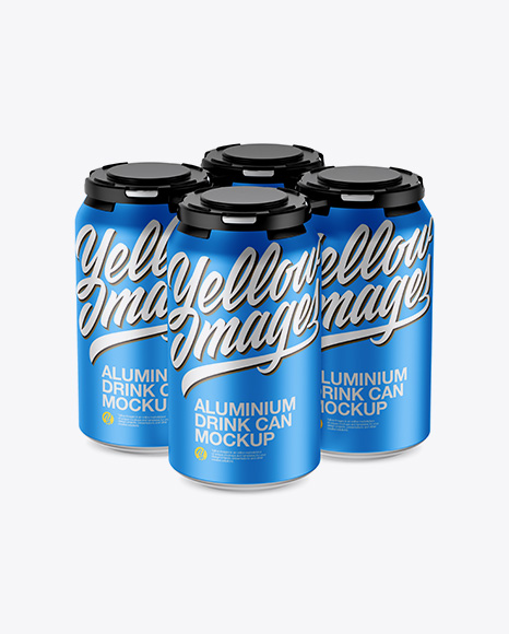 Pack of 4 Matte Metallic Cans with Plastic Holder Mockup - Half Side View