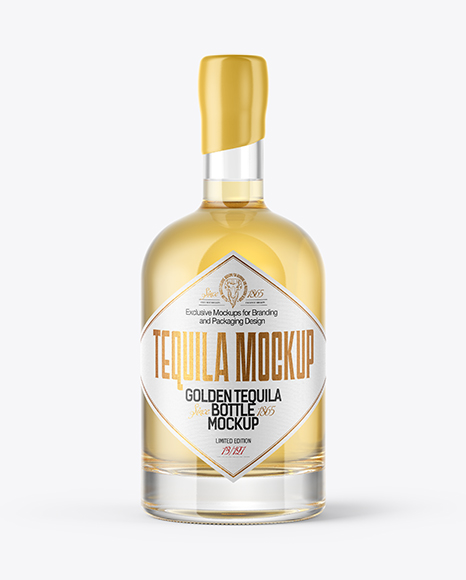 Golden Tequila Bottle with Wooden Cap & Wax Mockup