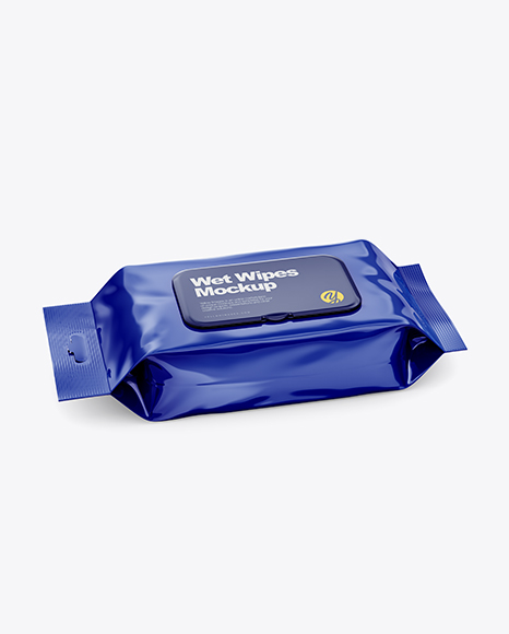 Glossy Wet Wipes Pack W/ Plastic Cap Mockup - Half SIde View (High Angle Shot)