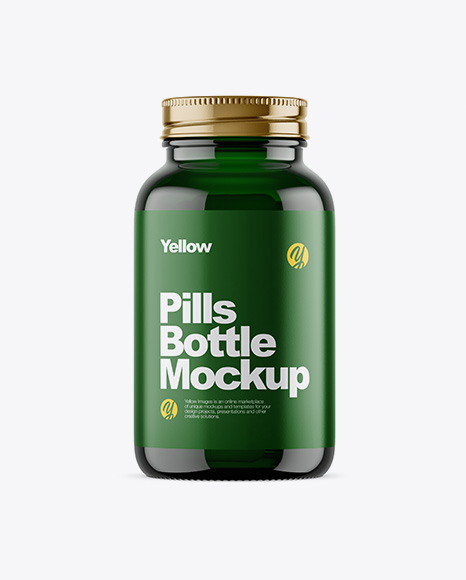 Dark Green Glass Bottle With Pills Mockup