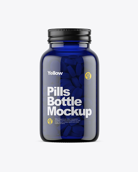 Dark Blue Glass Bottle With Pills Mockup