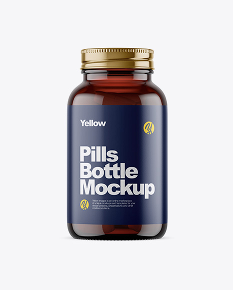 Amber Glass Bottle With Pills Mockup