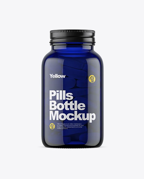 Dark Blue Glass Bottle With Pills Mockup