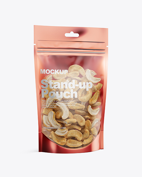 Glossy Transparent Stand-Up Pouch W/ Cashew Nuts Mockup - Half Side View