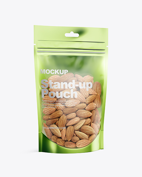 Glossy Transparent Stand-Up Pouch W/ Almond Nuts Mockup - Half Side View