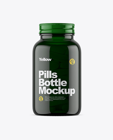 Dark Green Glass Bottle With Pills Mockup