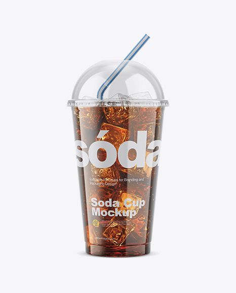 Transparent Plastic Soda Cup With Ice and Cap Mockup
