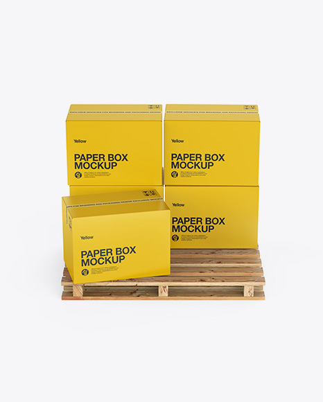 Wooden Pallet With 5 Paper Boxes Mockup - Front View
