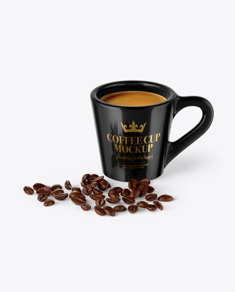 Glossy Coffee Cup With Coffee Beans Mockup