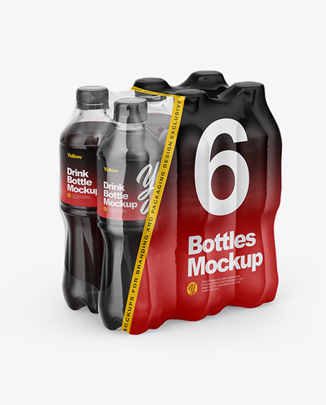 Transparent Shrink Pack with 6 Plastic Bottles With Cola Mockup - Half Side View