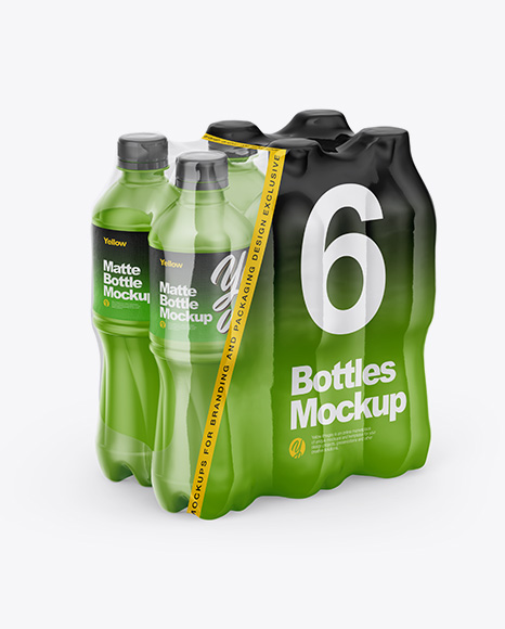 Transparent Shrink Pack with 6 Plastic Matte Bottles Mockup - Half Side View