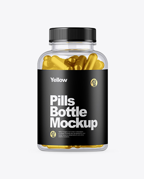 Clear Glass Bottle w/ Metallic Pills Mockup