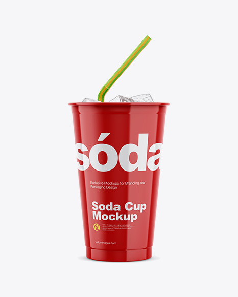Glossy Plastic Soda Cup With Ice Mockup