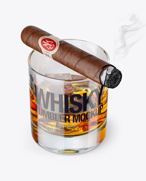 Whisky Tumbler Glass with Smoldering Cigar Mockup
