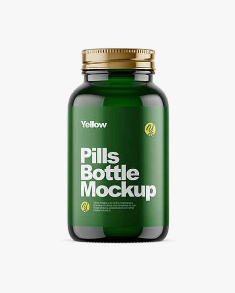 Empty Dark Green Glass Pills Bottle Mockup