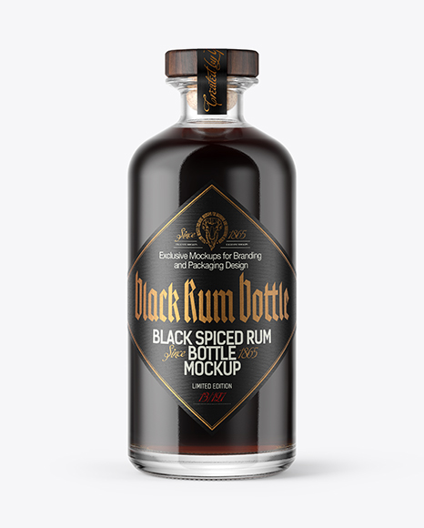 Black Rum Bottle with Wooden Cap Mockup