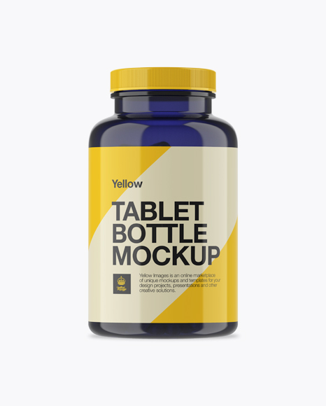 Dark Blue Pills Bottle With Glossy Cap & Label Mockup