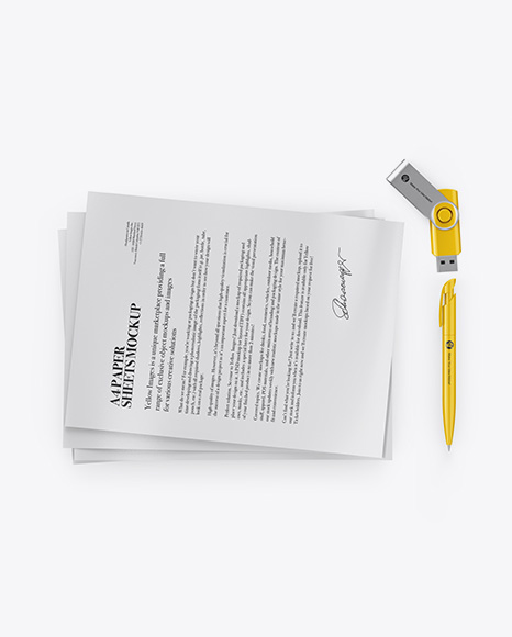 A4 Paper Sheets with USB Flash Drive & Pen Mockup