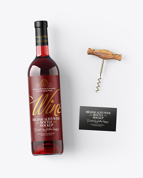 Red Wine Bottle w/ Corkscrew and Card Mockup